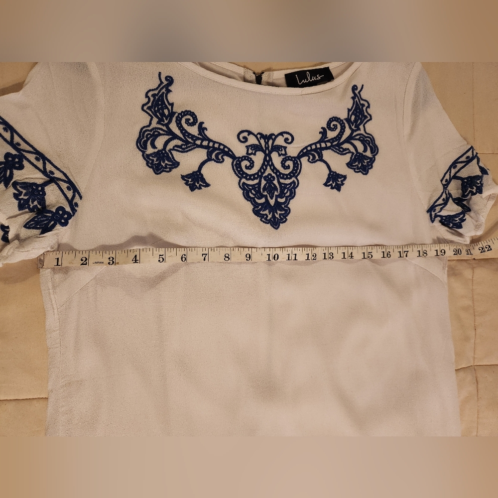 Lulu's Mini Dress, Tale to Tell Blue and Ivory Embroidered Shift, Size XL, Party - Picture 11 of 12